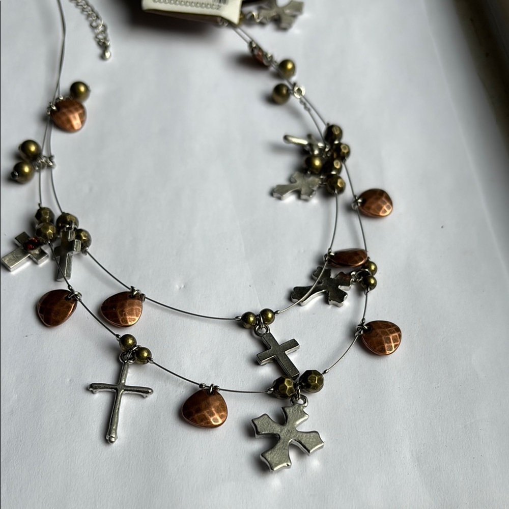 🔴New Layered Floating Necklace & Earrings W/Crosses, In Silver, Copper & Bronze